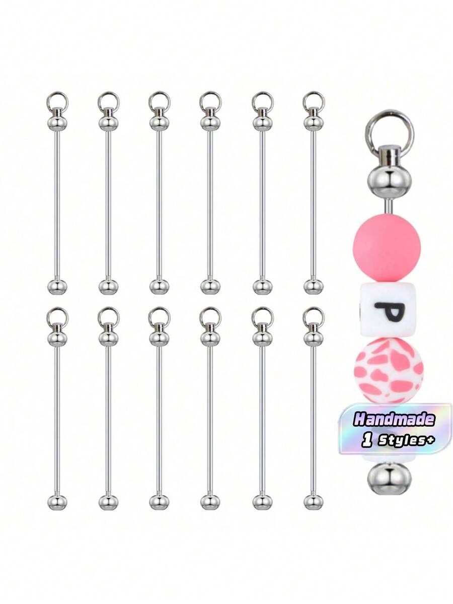 48pcs Blank Bead Insert Keychain Metal Strap Connectors, Bulk DIY Handmade Supplies For Custom Keychains, Charm Pendant Accessories - Silver - View 1