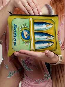 1PC Yellow Sardine Mini Zip Pouch Unique Retro Pencil Case With Zipper Portable Cute Stationery Organizer For School Office Gift - Multicolor - View 2