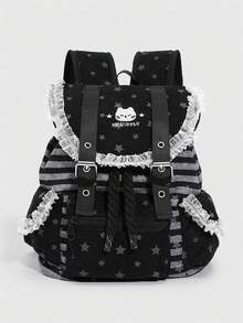 ROMWE Kawaii 1Pc Y2K Vintage Striped Plaid Backpack, Star‑Print Flap Shoulder Bag With Lace Ruffle Trim, Back‑To‑School & Travel Daypack - Black - View 6
