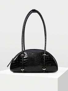 MOTF WOMEN'S FASHION RETRO BLACK CROCODILE PATTERN SHOULDER BAG, SIMPLE AND CHIC HALF-MOON BAG, FOR DAILY, COMMUTING, SHOPPING, TRAVEL, FESTIVALS - Black - View 2