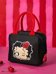 Betty Boop x SHEIN 復古卡通印花保溫午餐包，大容量附手把，可保溫/保冷，適合上班、上學、野餐使用 - 紅黑色 - 查看 2