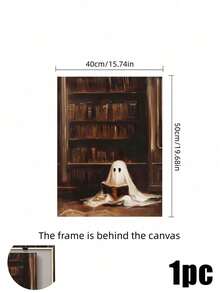 Muroi Mono 1pc Dark Academia Canvas Wall Art, Retro Painting Of Cute White Ghost Reading Book In Old Library, Gothic Spooky Art Print Poster, Home Aesthetic Wall Hanging Decor For Living Room Bedroom Halloween Decor - multicolor - View 16