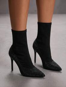 CUCCOO SZL Womens Black Rhinestone Stiletto Heel Ankle Boots Pointed Toe Elastic Booties Fashion Dress Shoes - Black - View 7