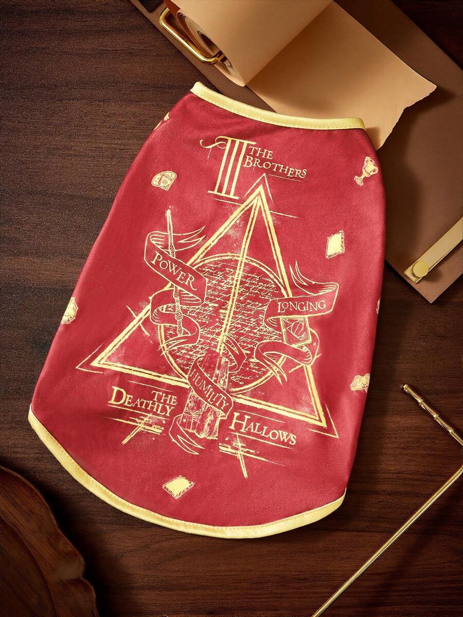 HARRY POTTER X SHEIN 復古字母與幾何印花寵物無袖背心,紅金色滾邊休閒寵物背心,貓狗四季通用衣,多尺寸 XXS-XXXXXL,輕量室內散步寵物穿著 - 磚紅色 - 查看 1