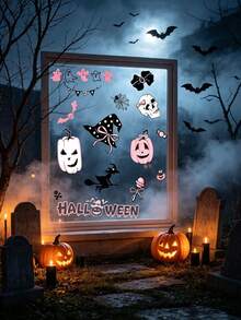 1/2/4/6pcs Halloween Pink Black Theme Window Clings, Removable Reusable Static Stickers, Cartoon Ghost, Pumpkin, Skull, Black Cat Pattern Decals For Window Door Mirror, Indoor Halloween Party Home Decor - B - View 9