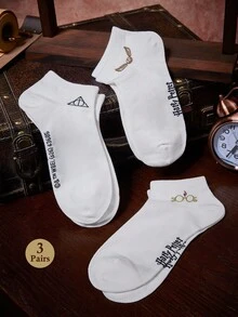 HARRY POTTER X SHEIN 3入組女款時尚透氣柔軟短襪 - 白色 - 查看 2
