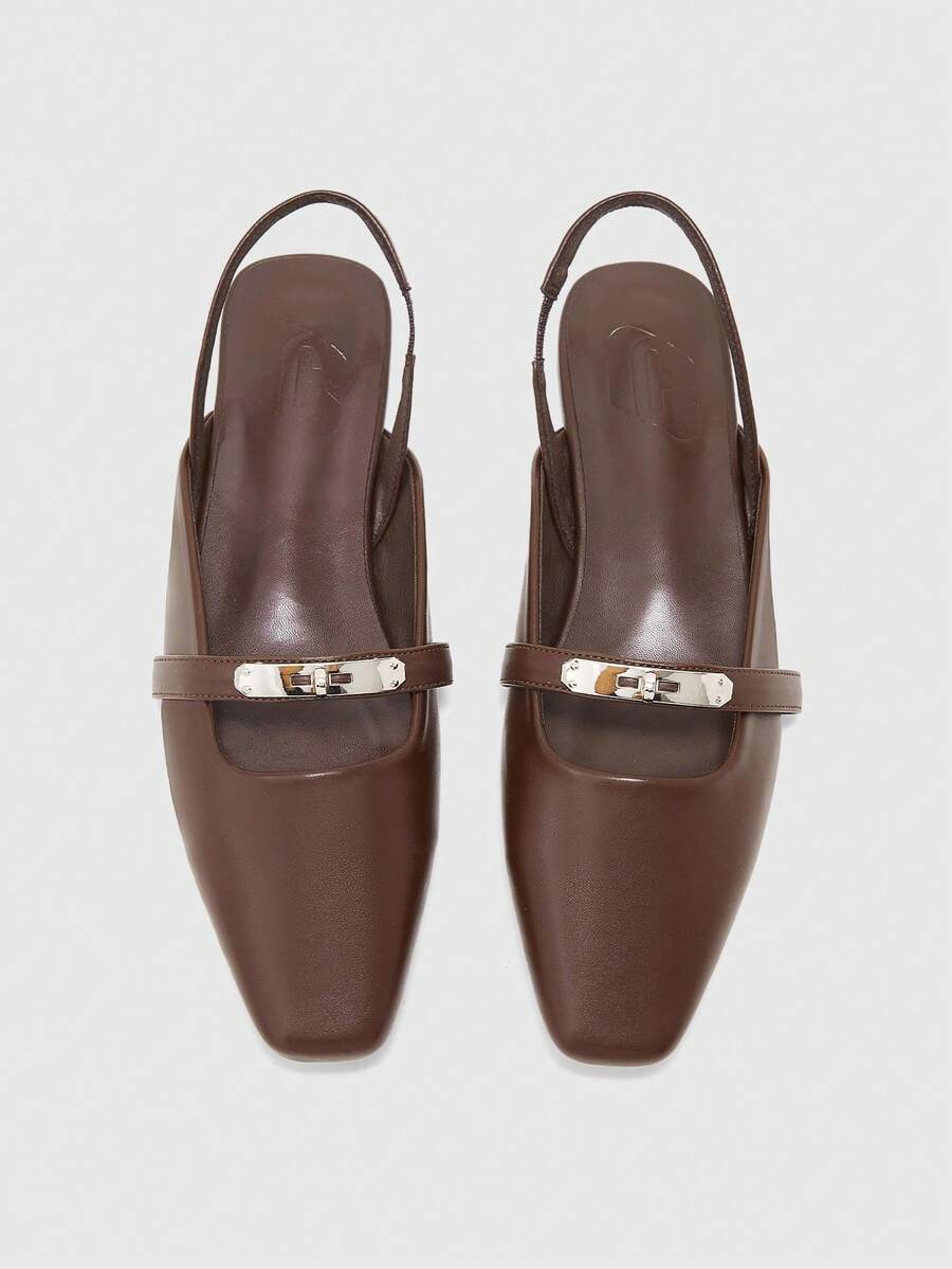 CUCCOO BIZCHIC Women Shoes Small Square Toe Flat Bottom Brown Rear Strap Women's Low Vamp Flat Bottom Slingback Shoes Light, Comfortable And Simple Commuting Fall Shoes - Brown 3 # - View 1