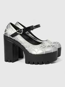 Sugerpunk Women's Fashion Sexy Platform High-Heeled Shoes, Punk Style Gothic Dark With Round Toe Design With Embroidered Thread Spider Web Fashion - Grey - View 2