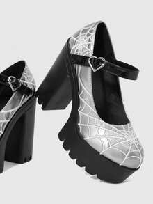 Sugerpunk Women's Fashion Sexy Platform High-Heeled Shoes, Punk Style Gothic Dark With Round Toe Design With Embroidered Thread Spider Web Fashion - Grey - View 5