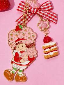 Strawberry Shortcake X SHEIN Fashionable & Sweet Cute Strawberry Cake Checkered Bow Zinc Alloy Keychain Bag Pendant Charm Commemorative Collection Gift Gold Keyring,Gift Ideas - Multicolor - View 3