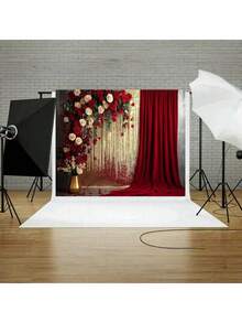 Red & Gold Curtain, Red & White Rose Design Background Cloth, Birthday, Bride, Party Decoration, Portrait Photography Studio Backdrop - Red - View 2