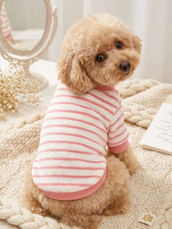 PETSIN 1 pieza de cuello redondo para perro y gato, universal, de peluche cálido, elástico y cómodo, con estampado de rayas rosas de moda