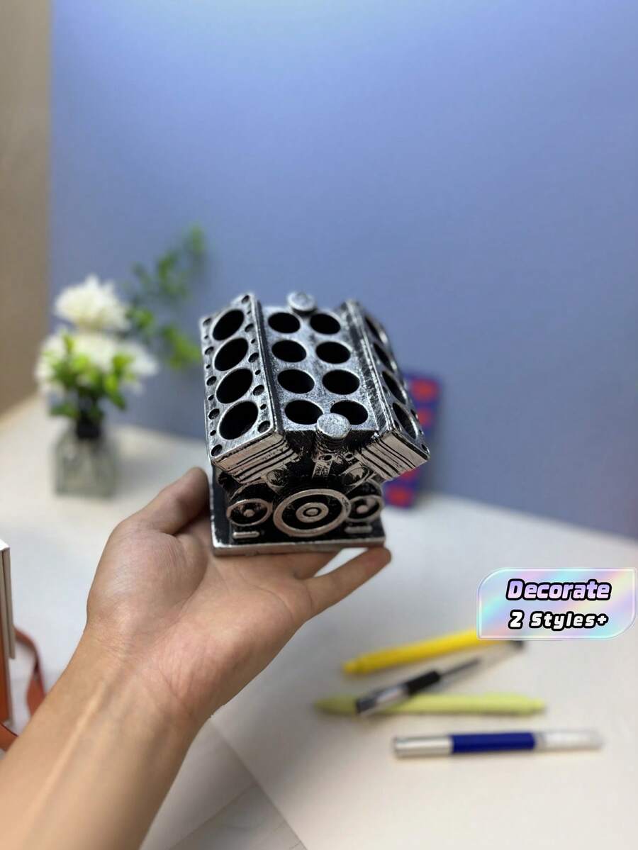 1Pc Creative V8 Engine Block Shaped Storage Box, Large Capacity Resin Desk Organizer, Multi-Purpose Pen Holder For Office & School Supplies - Multicolor - View 1