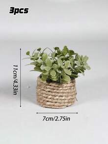 3pcs/Set Artificial Rattan Potted Plants, Seagrass Rope, 3 Identical Green Plants, Made Of PE And Polyester Fiber, Desktop Decor For School, Dorm, Office, Home, Back To School, Valentine's Day, Easter, Spring/Summer - Green - View 10
