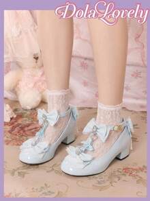 Dola Lovely 女款圓頭高跟厚底瑪麗珍鞋，甜美可愛大蝴蝶結裝飾，適合蘿莉塔穿搭、JK穿搭、生日派對穿著 - -藍色+鏈條 - 查看 3