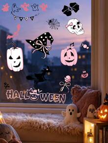 1/2/4/6pcs Halloween Pink Black Theme Window Clings, Removable Reusable Static Stickers, Cartoon Ghost, Pumpkin, Skull, Black Cat Pattern Decals For Window Door Mirror, Indoor Halloween Party Home Decor - B - View 5
