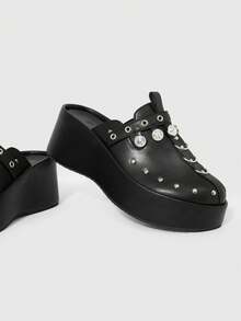 Sugerpunk Women's Fashion Platform Sandals, Dark Punk Style Heavy Industry Rivet Gas Eye Design Thick-Soled Wedge Sandals, Adjustable Elastic Design Subculture - Black - View 5
