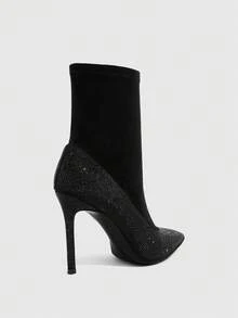 CUCCOO SZL Womens Black Rhinestone Stiletto Heel Ankle Boots Pointed Toe Elastic Booties Fashion Dress Shoes - Black - View 9