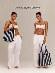 GLOWMODE Large 13L Beach Day Striped Crochet Shoulder Bag With Adjustable Faux Leather Strap & Magnetic Closure Gym Travel Vacation Daily Casual Summer Wear - Blue Stripe - View 3