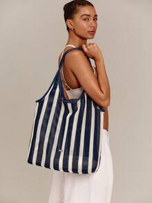 GLOWMODE Large 13L Beach Day Striped Crochet Shoulder Bag With Adjustable Faux Leather Strap & Magnetic Closure Gym Travel Vacation Daily Casual Summer Wear - Blue Stripe - View 6