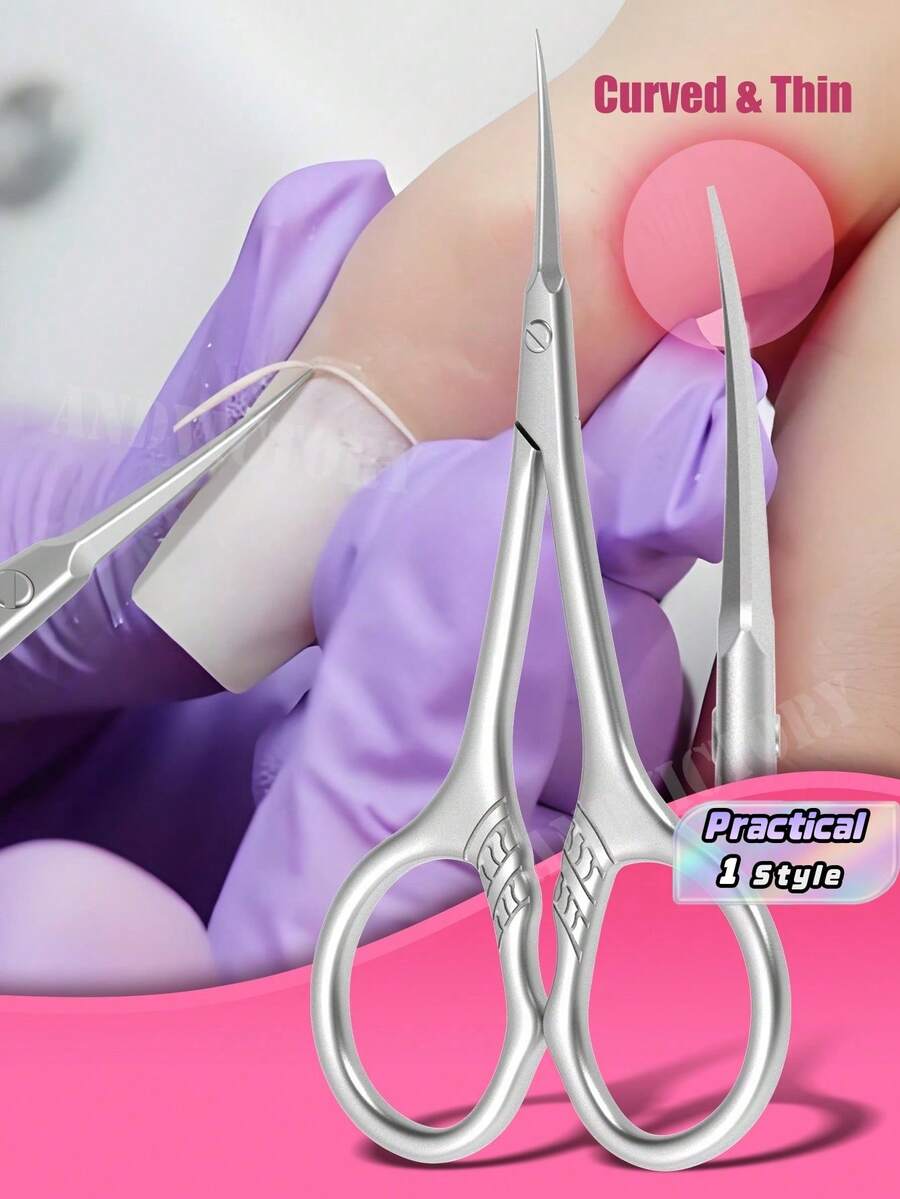 ANDVICTORY 1pc Cuticle Scissors Stainless Steel Extra Fine Curved Blade Manicure Scissors Eyebrow Eyelash Nails Multi-Purposed Fine Small Scissors Beauty Grooming - Silver - View 1