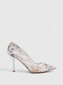 CUCCOO SZL Elegant Women's Floral Lace Mesh Pointed Toe Stiletto Heel Pumps - White screen printing blue and white - View 3
