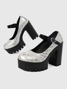 Sugerpunk Women's Fashion Sexy Platform High-Heeled Shoes, Punk Style Gothic Dark With Round Toe Design With Embroidered Thread Spider Web Fashion - Silver - View 4