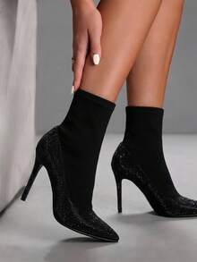 CUCCOO SZL Womens Black Rhinestone Stiletto Heel Ankle Boots Pointed Toe Elastic Booties Fashion Dress Shoes - Black - View 1