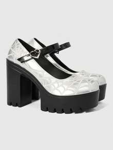 Sugerpunk Women's Fashion Sexy Platform High-Heeled Shoes, Punk Style Gothic Dark With Round Toe Design With Embroidered Thread Spider Web Fashion - Silver - View 2