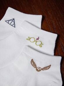 HARRY POTTER X SHEIN 3入組女款時尚透氣柔軟短襪 - 白色 - 查看 3