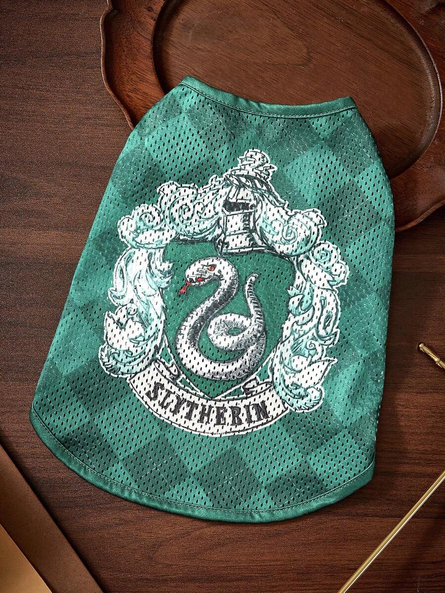 HARRY POTTER X SHEIN 復古徽章綠色格紋透氣網眼寵物背心,四季涼感無袖上衣,適合狗與貓,多尺寸 XXS-XXXXXL,室內外輕便寵物背心 - 綠色 - 查看 1