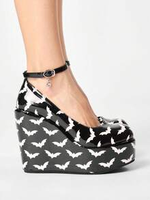 ROMWE Women's Casual And Stylish Round-Toe Closed-Toe Wedge Platform Shoes With A Punk-Style Gothic Solid Color Fabric Outsole Featuring A Bat Pattern. Fall Shoes - Bright black - View 11