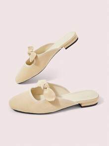 CUCCOO DOLLMOD Women's Black Casual Bow Hollow-Out Mule Flat Slip-On Shoes - Beige - Big Bow - View 3