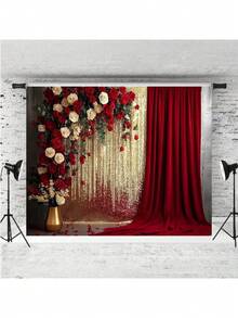 Red & Gold Curtain, Red & White Rose Design Background Cloth, Birthday, Bride, Party Decoration, Portrait Photography Studio Backdrop - Red - View 1