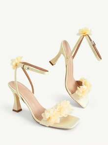 CUCCOO CHICEST Summer Yellow Sardine Flower Square Toe Thick Heel Elegant Fairy Style Roman Ladies High Heel Sandals - Yellow - View 9