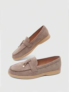 CUCCOO BIZCHIC Women's Loafers Soft Upper Thick Sole Retro Deep Cut Round Toe British Style Light Gray Commute Slip-On Slouchy Shoes - Light Grey - View 5