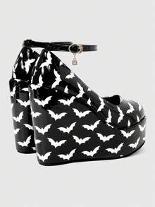ROMWE Women's Casual And Stylish Round-Toe Closed-Toe Wedge Platform Shoes With A Punk-Style Gothic Solid Color Fabric Outsole Featuring A Bat Pattern. Fall Shoes - Bright black - View 9