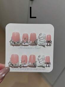 10pcs Medium-Long Coffin-Shaped Handmade Acrylic Press On Nails, Decorated With Colorful Rhinestones, Butterflies And Snake Patterns, Perfect For Parties, Daily Outfits, And Gift For Women. - Silver - View 12