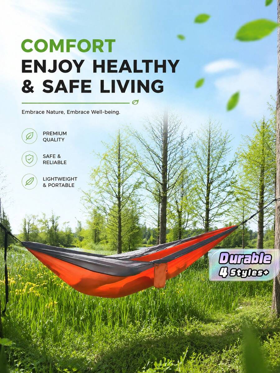 1pc Portable Two Tone Nylon Hammock With Carabiners Rope Storage Bag, Outdoor Camping Garden Swing Bed For Single Double Use - multicolor - View 1