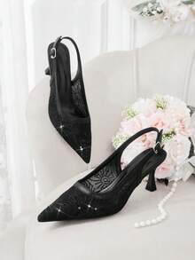 CUCCOO HITCHD Ladies Spring And Summer New Black Fairy Mesh Sequined Pointed High Heels Shoes Slingback Buckle Design Gentle Style Dating High Heels Fall Shoes - Black - View 2