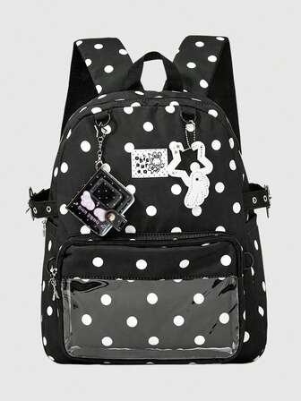 Anime 1 Stück College-Kartenhülle mit Polka-Dot-Druck, dekoratives Katzen-Notizdesign, Multi-Pocket-Tasche, Stern-Reißverschluss-Rucksack, modisch und lässig, Unisex, groß