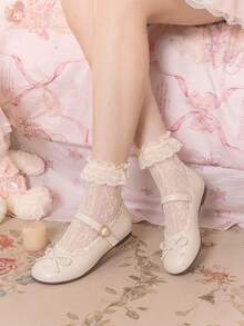 Dola Lovely 白色乐福鞋女式一脚蹬软底穆勒鞋，带蝴蝶结的蕾丝边系带乐福鞋，工作制服平底鞋 - 米色 - 查看 4