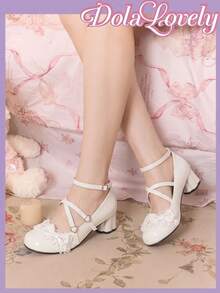 Dola Lovely 女款厚底高跟鞋 圓頭瑪麗珍鞋 蝴蝶結 Lolita 風格 扣帶甜美日系 JK 制服鞋 - 米白色+蝴蝶結波點 - 查看 8