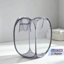 Large Capacity Foldable Mesh Laundry Basket, Solid Color Polyester Mesh Large Hampe - Grey - View 1
