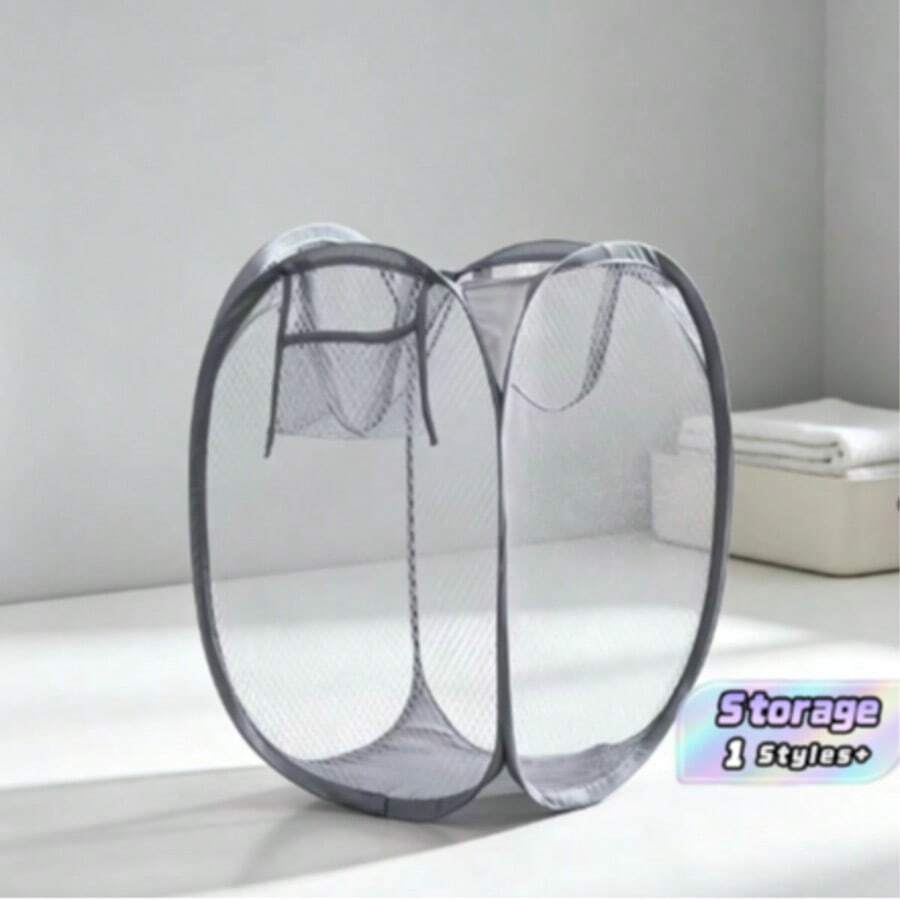 Large Capacity Foldable Mesh Laundry Basket, Solid Color Polyester Mesh Large Hampe - Grey - View 1