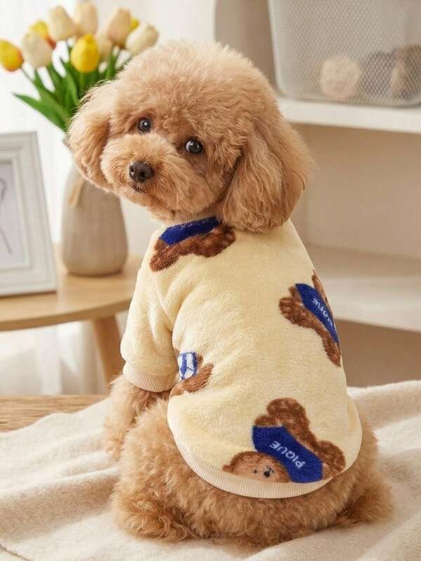 PETSIN 1 Pc Fleece Pet Sweatshirt For Warmth With Printed Cartoon Bear Pattern, Beige