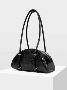 MOTF WOMEN'S FASHION RETRO BLACK CROCODILE PATTERN SHOULDER BAG, SIMPLE AND CHIC HALF-MOON BAG, FOR DAILY, COMMUTING, SHOPPING, TRAVEL, FESTIVALS - Black - View 1