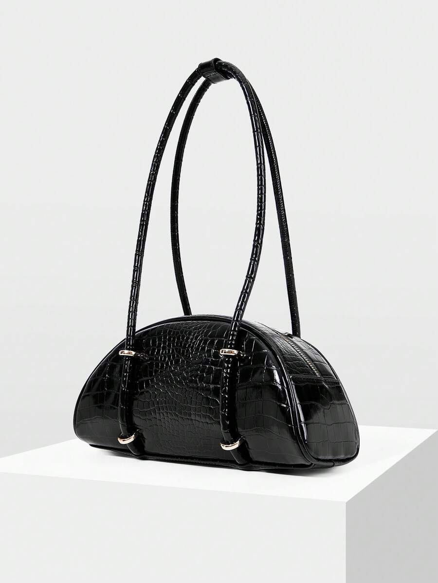 MOTF WOMEN'S FASHION RETRO BLACK CROCODILE PATTERN SHOULDER BAG, SIMPLE AND CHIC HALF-MOON BAG, FOR DAILY, COMMUTING, SHOPPING, TRAVEL, FESTIVALS - Black - View 1