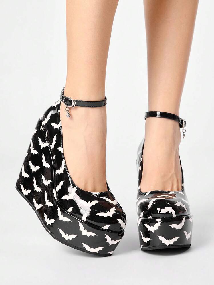ROMWE Women's Casual And Stylish Round-Toe Closed-Toe Wedge Platform Shoes With A Punk-Style Gothic Solid Color Fabric Outsole Featuring A Bat Pattern. Fall Shoes - Bright black - View 2