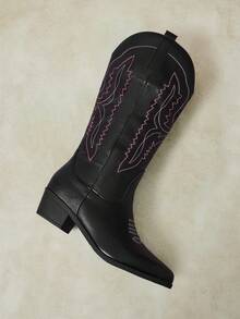 Styleloop Women's Western Boots Slip-On Embroidered Medium Boots Thick Heel Bohemian Vacation Boots Low Heel Street Knight Boots - YP-Black 5 - View 6